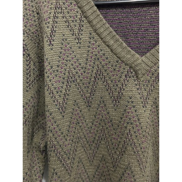 Chevron Patterned Olive Purple V-Neck Sweater Sz XL Made In Uruguay Merino Wool - Picture 4 of 9